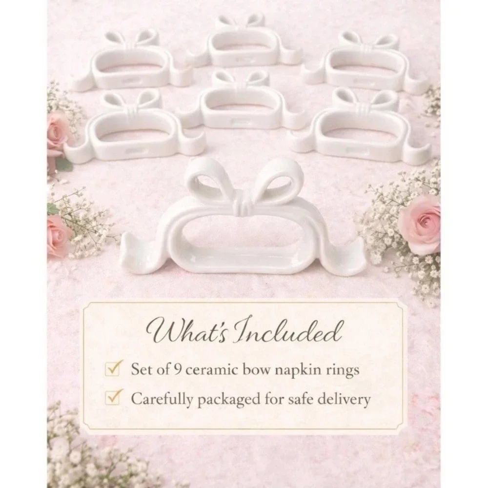 Vintage Ceramic Bow Napkin Rings Set of 8+1 (spare) | Coquette Cottagecore Table